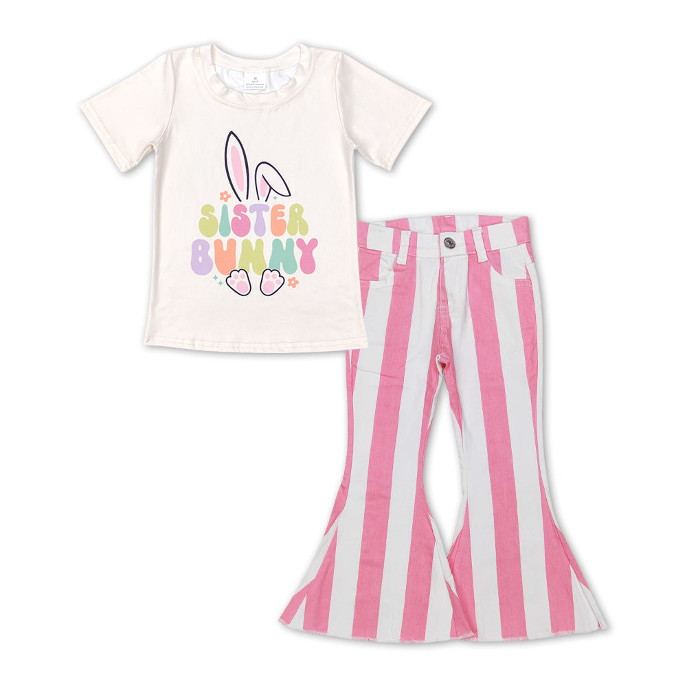 Girls Bunny Outfits Short Sleeves Pink Jeans