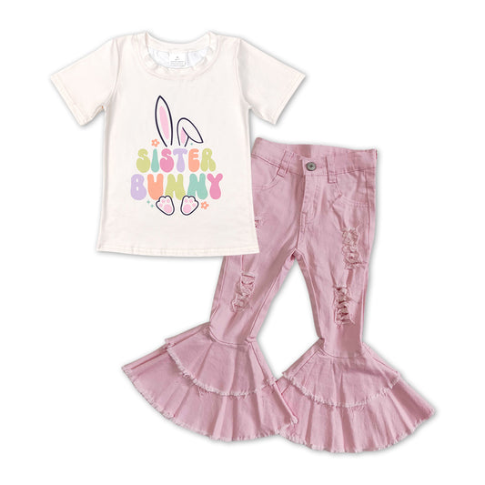 Girls Bunny Outfits Short Sleeves Pink Jeans