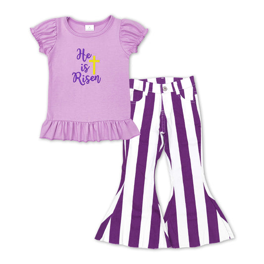 Girls Easter Risen Outfits Short Sleeves Purple Jeans