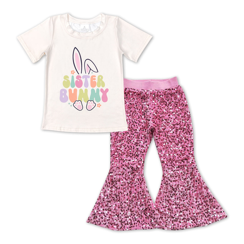 Girls Easter Bunny Outfits Sequined Pink Pants