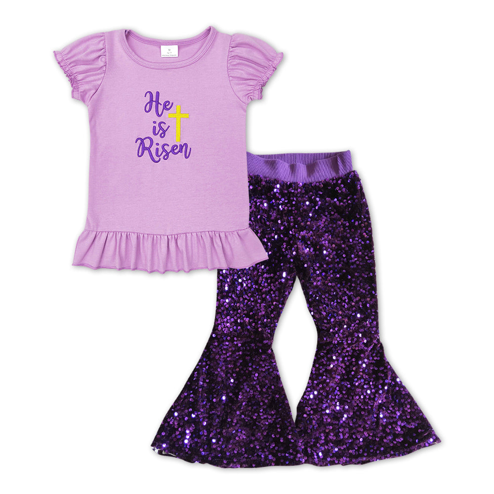 Girls Easter Bunny Outfits Sequined Purple Pants