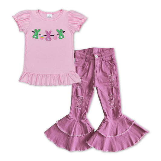 Girls Bunny Outfits Short Sleeves Pink Jeans