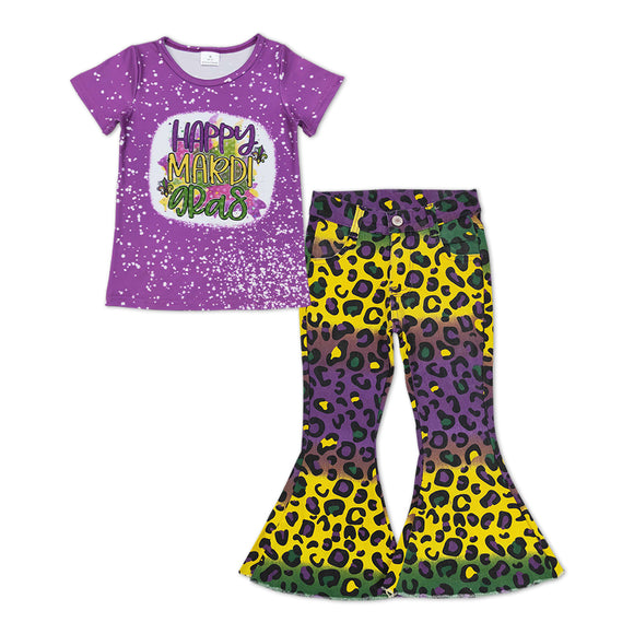 Girls Mardi Gras Outfits Short Sleeves Purple Jeans