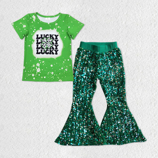 Girls Lucky Green Outfits Sequined Pants