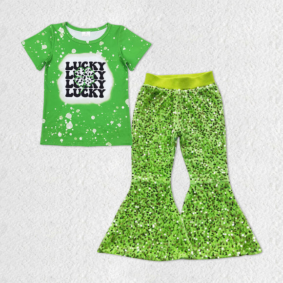 Girls Lucky Green Outfits Sequined Pants