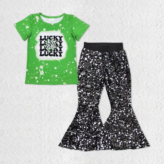 Girls Lucky Green Outfits Sequined Pants