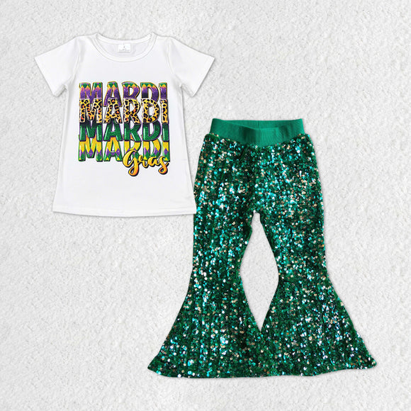 Girls Mardi Gras Outfits Sequined Green Pants
