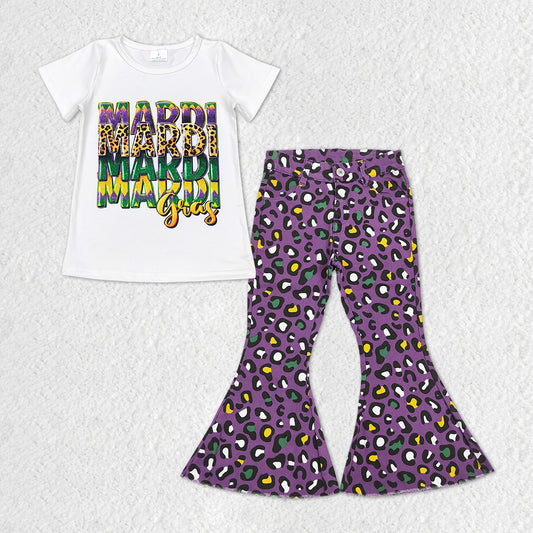 Girls Mardi Gras Outfits Short Sleeves Purple Jeans