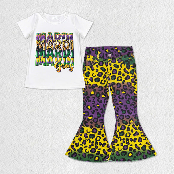 Girls Mardi Gras Outfits Short Sleeves Purple Jeans