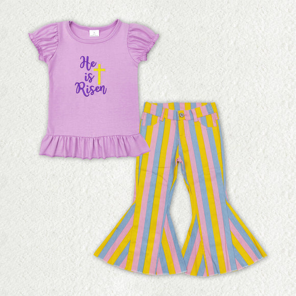 GSPO1407 Girls Easter Outfits Short Sleeves Stripe Jeans