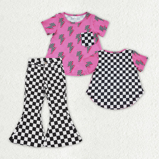 GSPO1411 Girls Pink Outfits Short Sleeves Checked Jeans