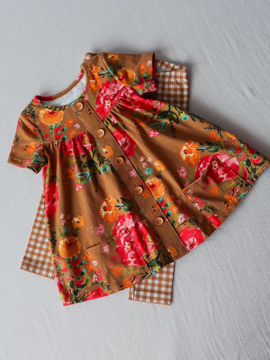 Pre-order GSPO1713 baby Girls brown floral outfits ( Deadline Sept. 16 )