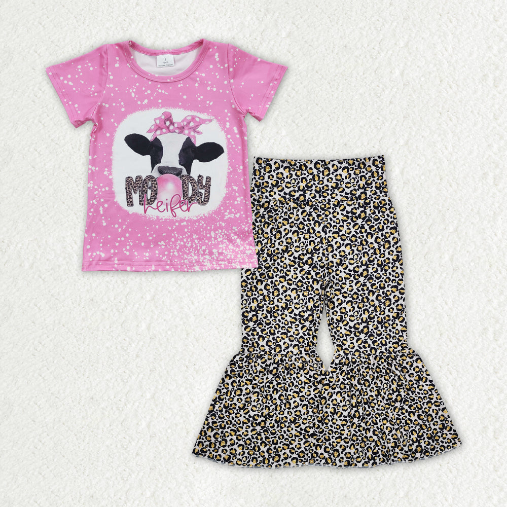 GSPO1843 Girls pink moody leopard bell bottoms outfits