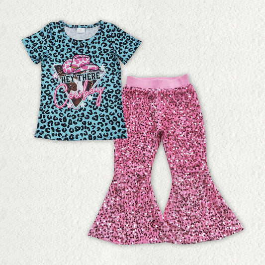 GSPO2053 Girls cowboy leopard Outfits pink Sequined Pants
