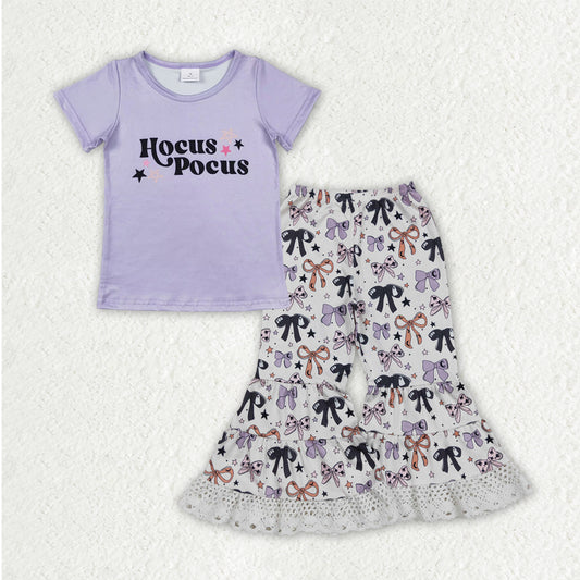GSPO2064 Girls Halloween Hocus purple bow Outfits Short Sleeves Bell Bottom Floral Pants