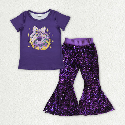 GSPO2158 Girls  bow purple short sleeve Outfits purple Sequined Pants
