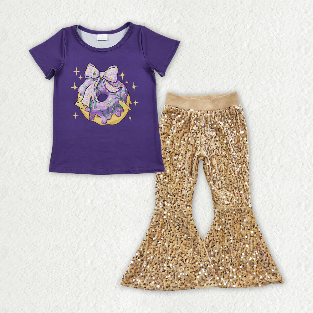 GSPO2159 Girls bow purple short sleeve Outfits Golden Sequined Pants