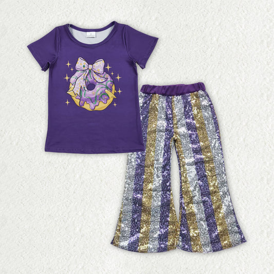 GSPO2160 Girls bow purple short sleeve Outfits Sequined Bell Bottom Pants