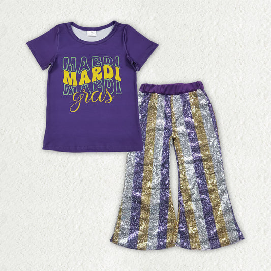 GSPO2162 Girls bow purple short sleeve Outfits Sequined Bell Bottom Pants