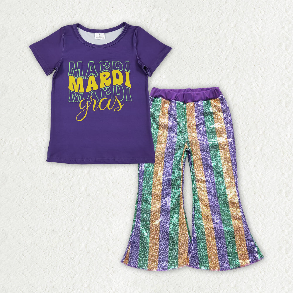 GSPO2163 Girls Mardi Gras purple short sleeve Outfits Sequined Bell Bottom Pants