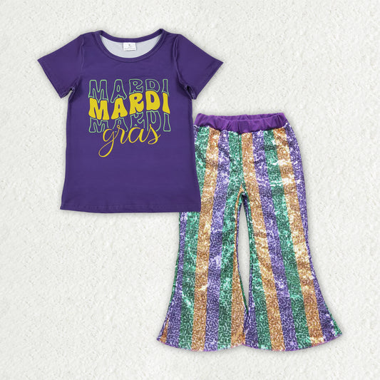 GSPO2163 Girls Mardi Gras purple short sleeve Outfits Sequined Bell Bottom Pants