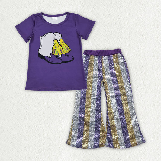 GSPO2164 Girls Mardi Gras boot purple short sleeve Outfits Sequined Bell Bottom Pants