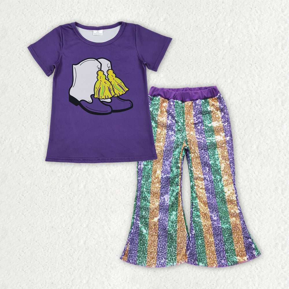 GSPO2165 Girls Mardi Gras boot purple short sleeve Outfits stripe Sequined Bell Bottom Pants