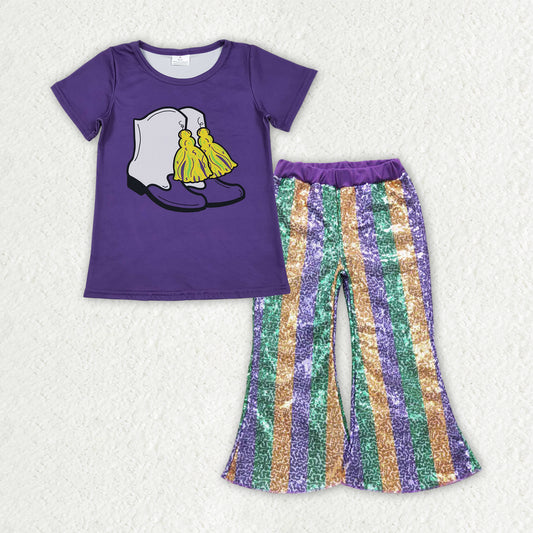 GSPO2165 Girls Mardi Gras boot purple short sleeve Outfits stripe Sequined Bell Bottom Pants
