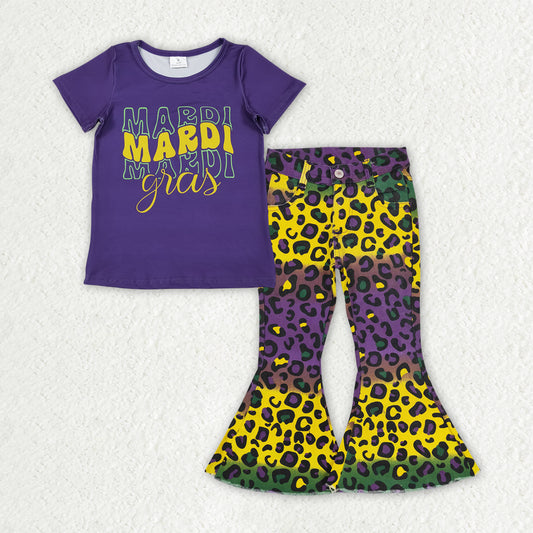 GSPO2166 baby girls Mardi Gras purple short leopard  jeans outfits