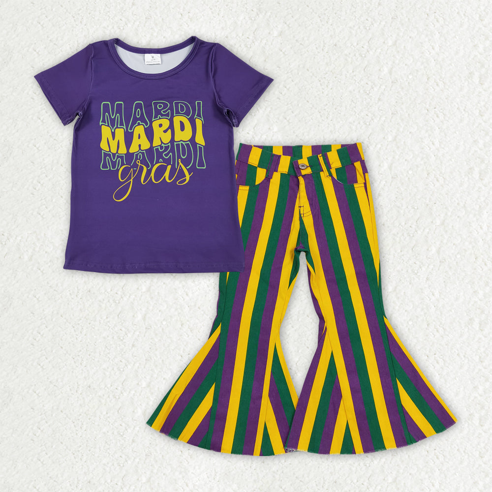 GSPO2167 baby girls Mardi Gras purple short stripe jeans outfits