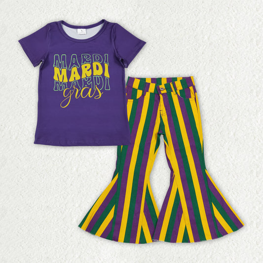 GSPO2167 baby girls Mardi Gras purple short stripe jeans outfits