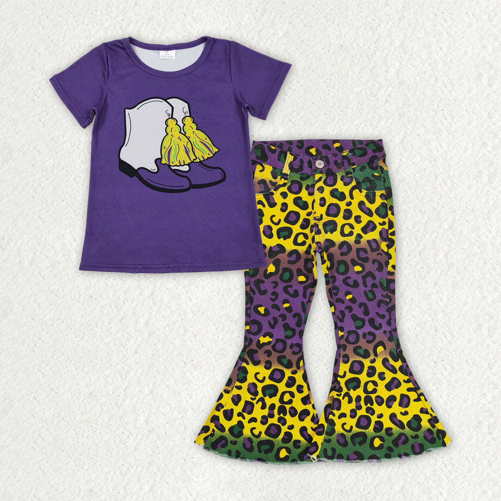 GSPO2168 baby girls Mardi Gras boot purple short leopard jeans outfits