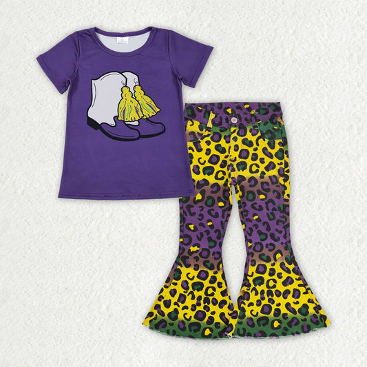 GSPO2168 baby girls Mardi Gras boot purple short leopard jeans outfits