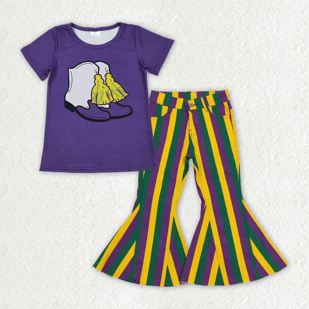 GSPO2169 baby girls Mardi Gras boot purple short stripe jeans outfits
