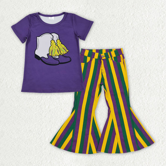 GSPO2169 baby girls Mardi Gras boot purple short stripe jeans outfits