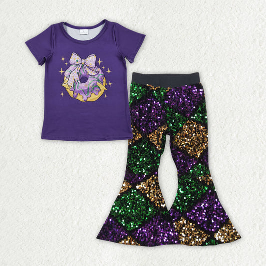 GSPO2181 Girls Mardi Gras short sleeve Outfits purple Sequined Pants