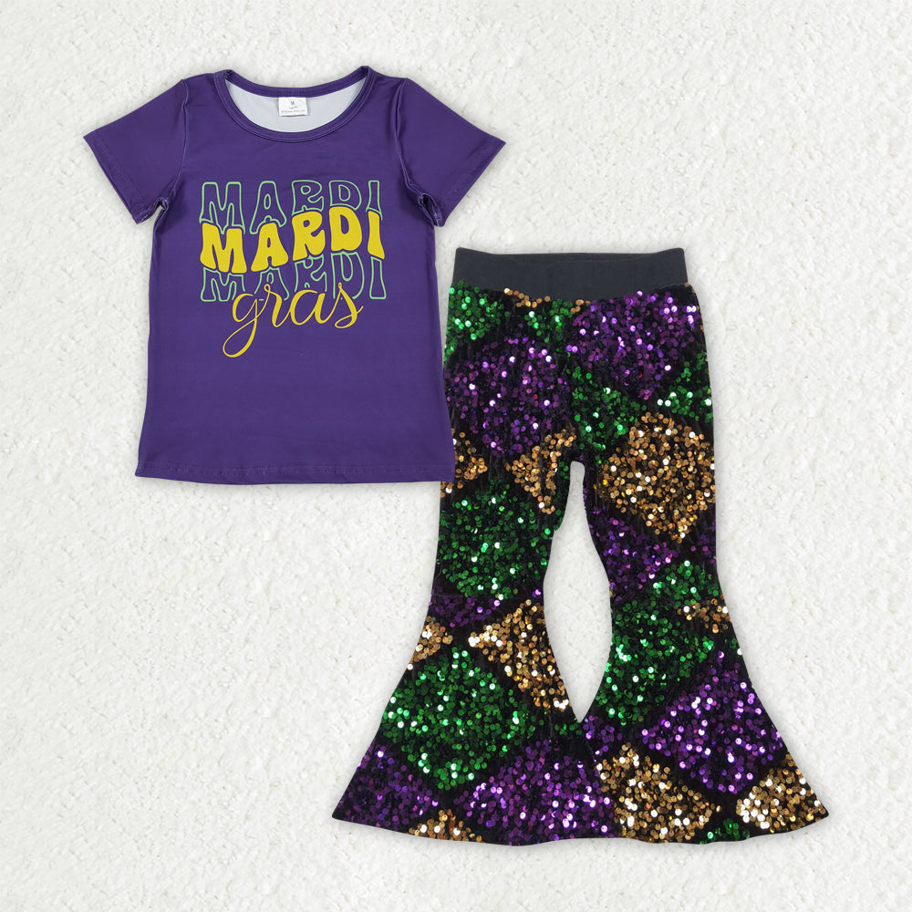 GSPO2182  Girls Mardi Gras short sleeve Outfits purple Sequined Pants