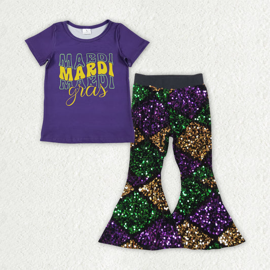 GSPO2182  Girls Mardi Gras short sleeve Outfits purple Sequined Pants
