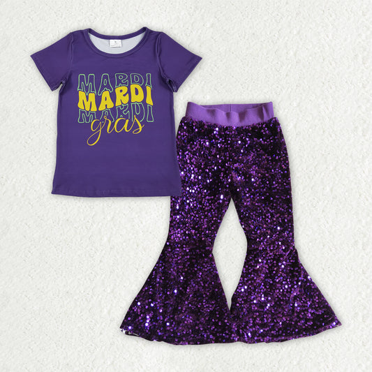 GSPO2183  Girls Mardi Gras short sleeve Outfits purple Sequined Pants