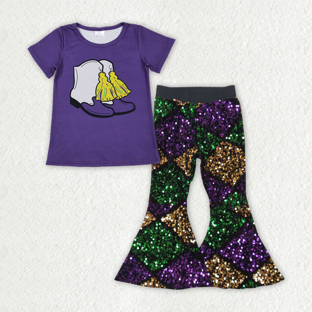 GSPO2184 Girls Mardi Gras short sleeve Outfits purple Sequined Pants