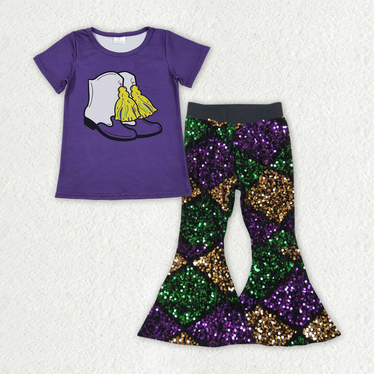 GSPO2184 Girls Mardi Gras short sleeve Outfits purple Sequined Pants