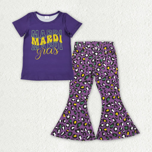 GSPO2187 Girls Mardi Gras short sleeve Outfits purple leopard jeans