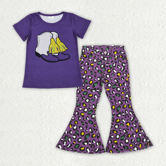 GSPO2188 Girls Mardi Gras short sleeve Outfits purple leopard jeans