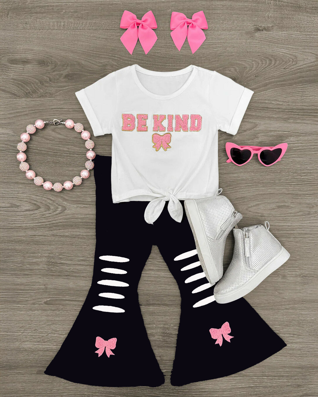 12.4 Pre-order GSPO2237 girls BE KIND bow short sleeve black bell pant outfits