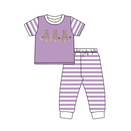 12.4 Pre-order GSPO2240 girls Easter bunny purple stripe short sleeve outfits