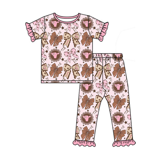 12.5 Pre-order GSPO2244 girls cow bow pink short sleeve pajamas