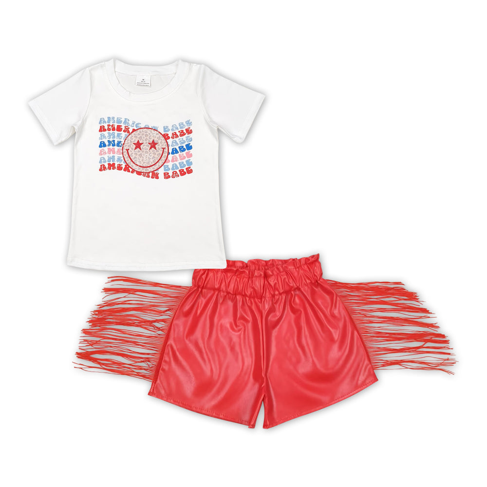 GSSO1421 Girls American Outfits Short Sleeves Leather Shorts