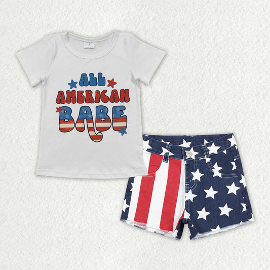 GSSO1438 Girls American Babe Outfits Short Sleeves Denim Shorts