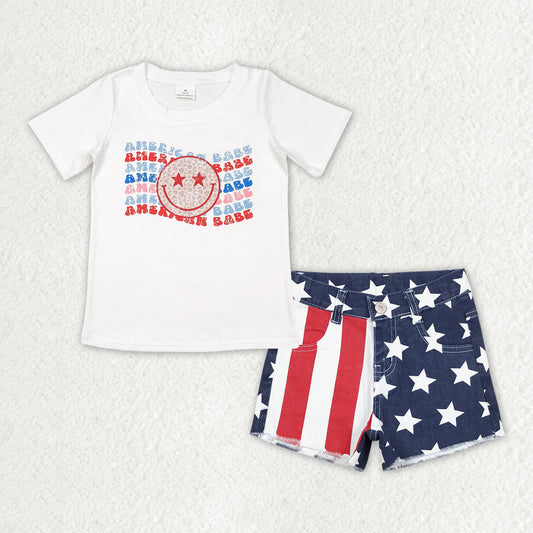 GSSO1439 Girls American Babe Outfits Short Sleeves Denim Shorts