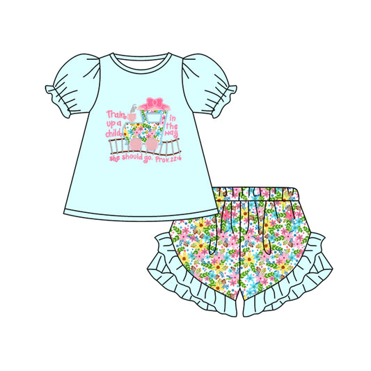 Pre-order GSSO1643 Girls puff sleeve flowers outfits（Deadline Dec.10）